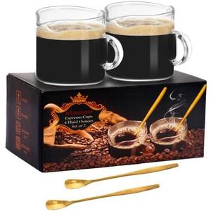 Mcupper 2 Pack Espresso Cups 4 OZ, Double Spouts Cups with Handle and 2 Stainless Steel Spoons, Espresso Shot Glasses, Milk Cup, Clear Glass for Espresso Machine