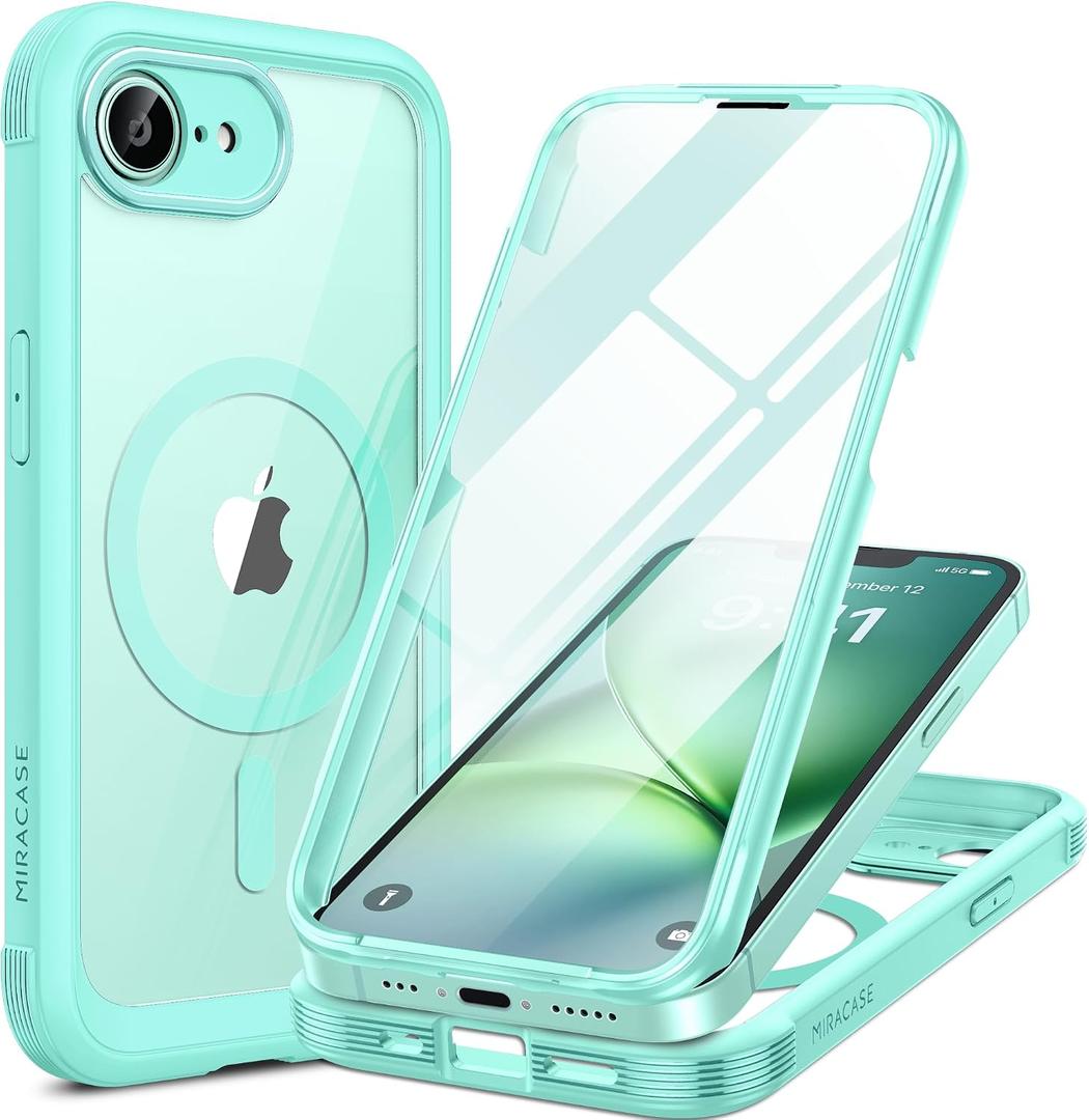 Miracase for iPhone 17e Case & iPhone 16e Case, Full-Body Phone with Built-in Glass Screen Protector, [Magnetic with MagSafe] Military Drop Proof 17 E/ 16 E Cover Bumper 6.1 inch, Mint Green