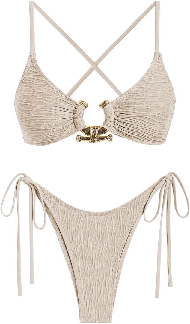 ZAFUL Women's Bikini Sets Ribbed Metal O Ring Criss Cross Two Piece Swimsuit Cheeky High Cut Side Tie Thong Bathing Suit, S