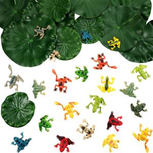 Gejoy 36 Pieces Plastic Frogs Set Includes 24 Pieces Tiny Plastic Frog and 12 Pieces Artificial Floating Lotus Leaves for Pond Pool Decoration Party Supplies