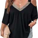 Verdusa Women's Plus Size Deep V Neck Cut Out Cold Shoulder Tee Shirt Black XL