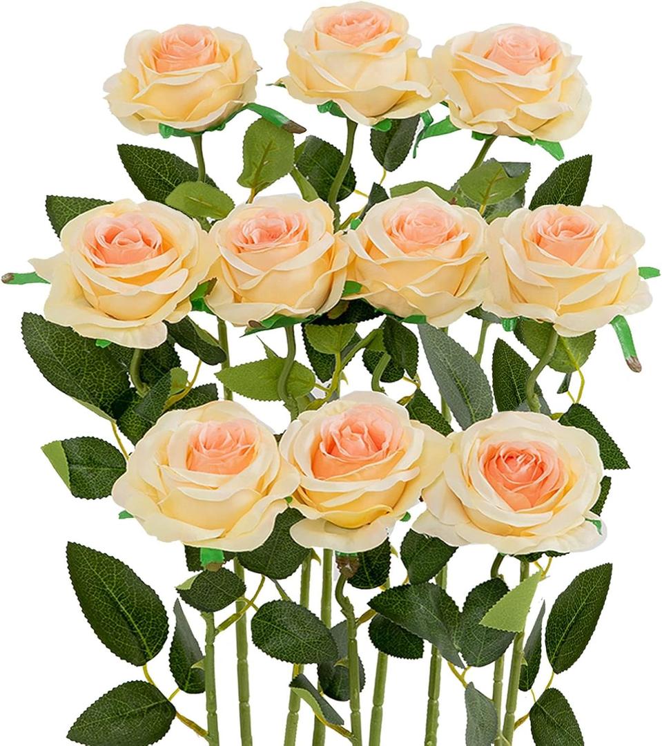 Luyue 10PCS Artificial Roses Flower with Stems Slik Fake Flowers Bouquet Realistic Long Stem Faux Rose for Valentines Day Wedding Home Decor