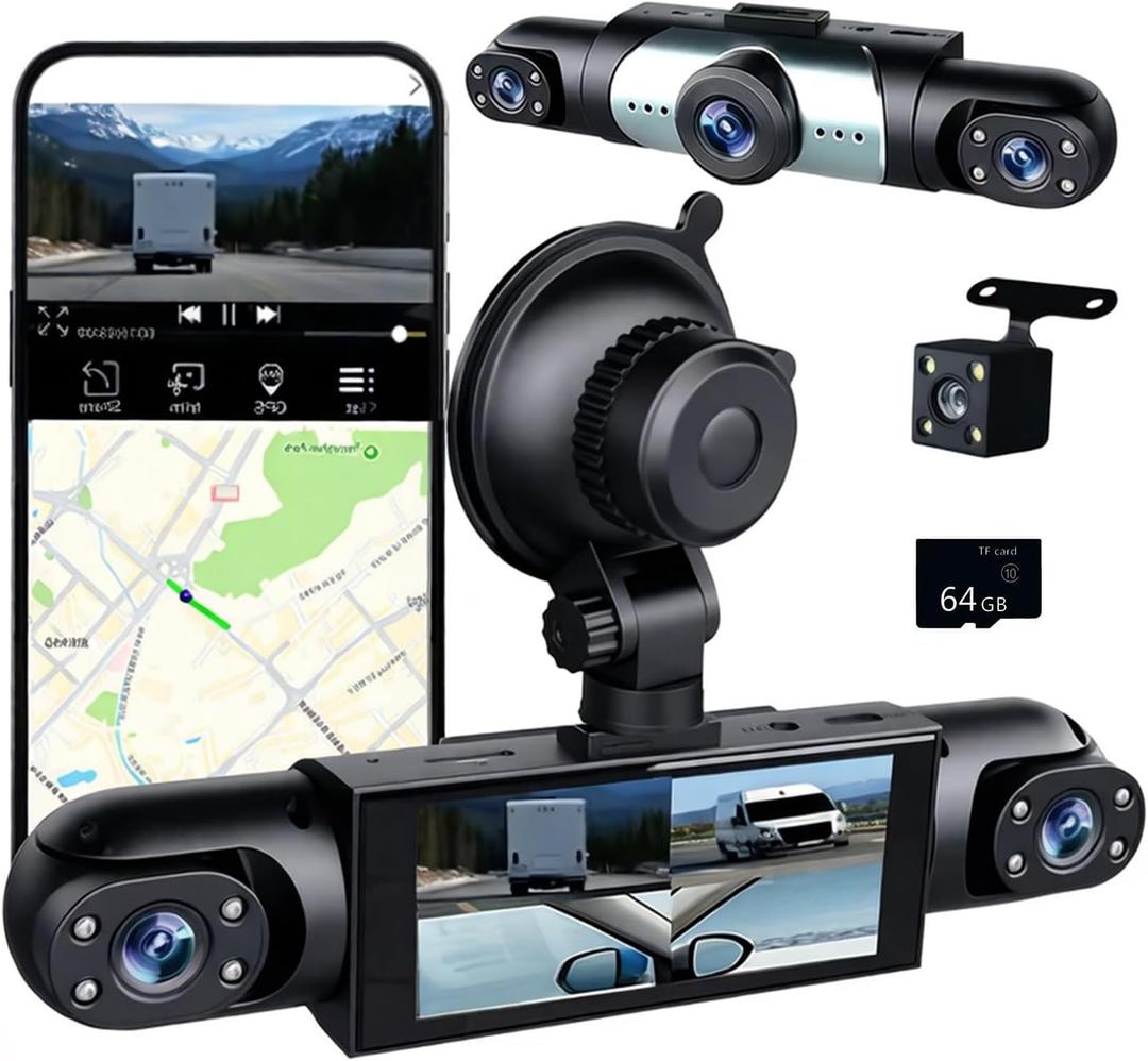 4 Channel Dash Cam 360 View, 1080P Front and Rear Inside, Left Right Dash Camera for Cars, Night Vision, WiFi & APP Control, G-Sensor, Loop Recording with 64GB SD Card