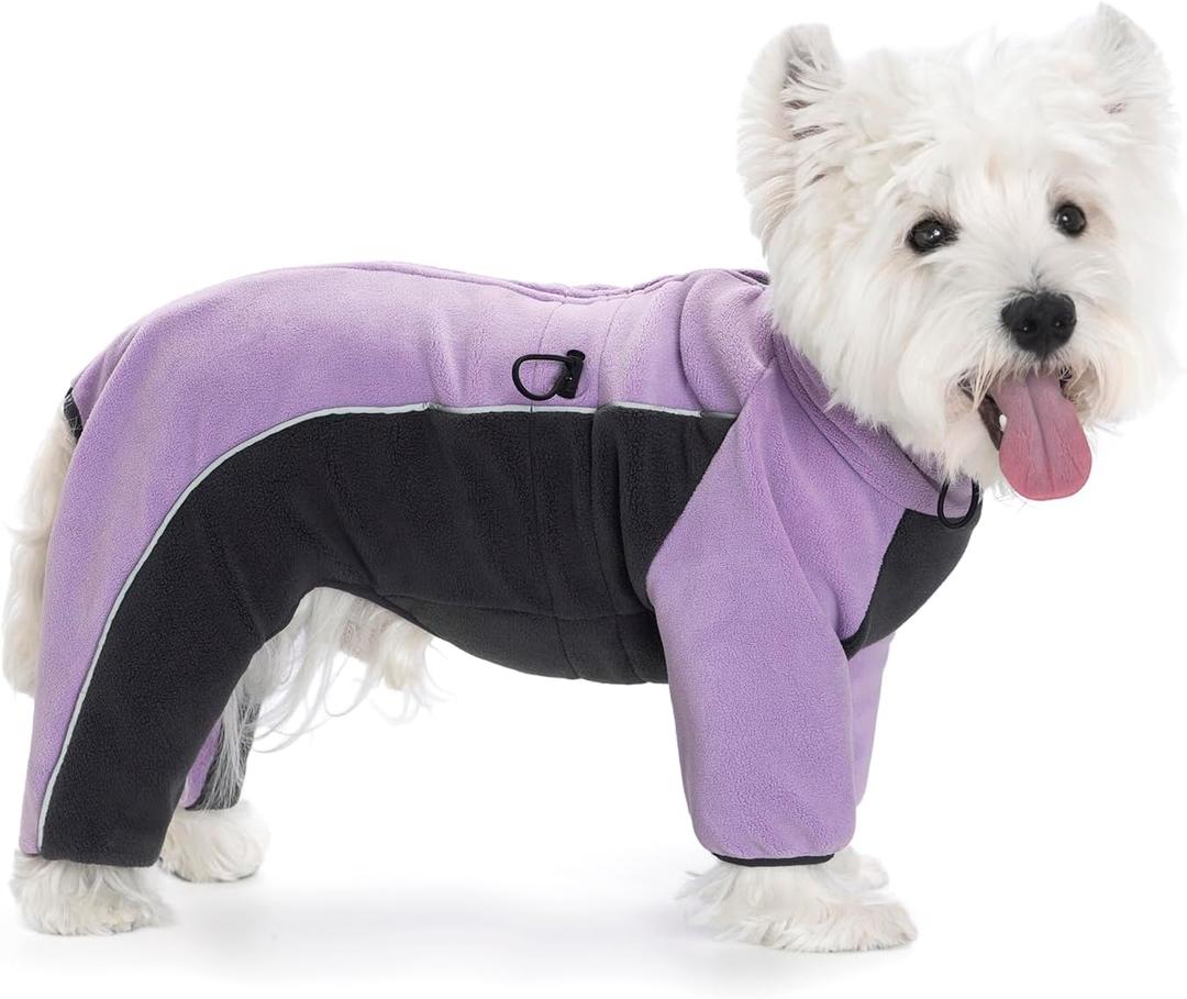 Fleece Dog Coat,Pullover Pajamas Jumpsuit Bodysuit Puppy Coats with Legs, Pet Windproof Warm Cold Weather Jacket Full Body Vest Cozy Snowsuit Outfit Clothes (Purple, M)