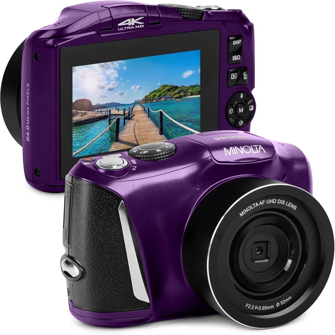 Minolta 64MP Digital Camera  4K Ultra HD Video at 60FPS, 16x Digital Zoom, WiFi, CMOS Sensor, 3-inch LCD Display, Auto Exposure - Includes 32GB Memory Card, Rechargeable Battery (Purple)