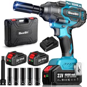 Seesii 1000N.m (738ft-lbs) Cordless Impact Wrench High Torque,1/2" Brushless Impact Gun w/Two 4.0Ah Battery,Fast Charger, 5 Sockets & Storage Case, Electric Impact Wrench for Car Truck,WH760 (Blue)