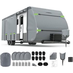 Travel Trailers RV Cover for 22-24FT, 8 Layers Top Extra-Thick Motorhome Toy Hauler & Camper Cover with 4 Tire Cover & Tongue Jack Cover, Windproof Straps