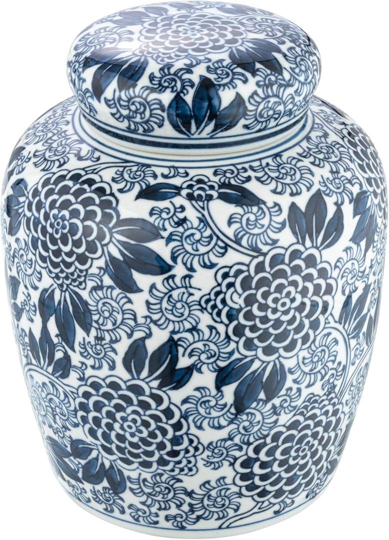 Creative Co-Op Decorative Ceramic Ginger Jar with Lid, Blue Flower Pattern