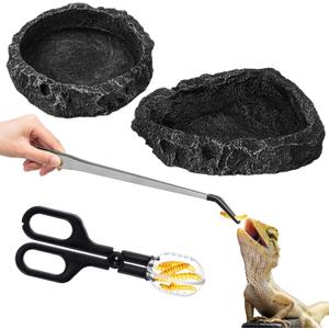 4 Pcs Bearded Dragon Food Bowl Set Reptile Snake Feeding Accessories Stainless Steel Reptile Feeding Tongs with Rubber Clamp for Bearded Dragon Lizard