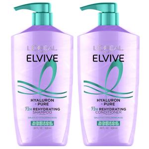 L'Oreal Paris Elvive Hyaluron + Pure Shampoo and Conditioner Set, Clarifying Shampoo and Rehydrating Conditioner with Salicylic Acid and Hyaluronic Acid, 56 Fl Oz Set