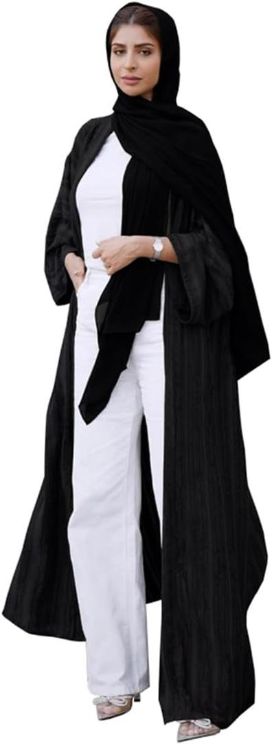 Womens Muslim Kimono Abaya Solid Striped Retro Ethnic Cardigan Robe Dubai Middle Eastern Saudi Arabia Eid Clothes (Large, Black Cardigan + Hijab)
