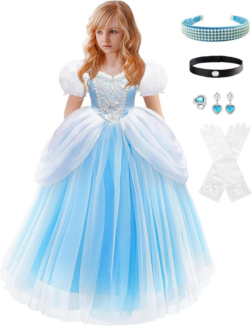Cinderella Costume for Girls Cinderella Dresses for Girls Cosplay Costume Halloween Party Outfit with Accessories (6T)