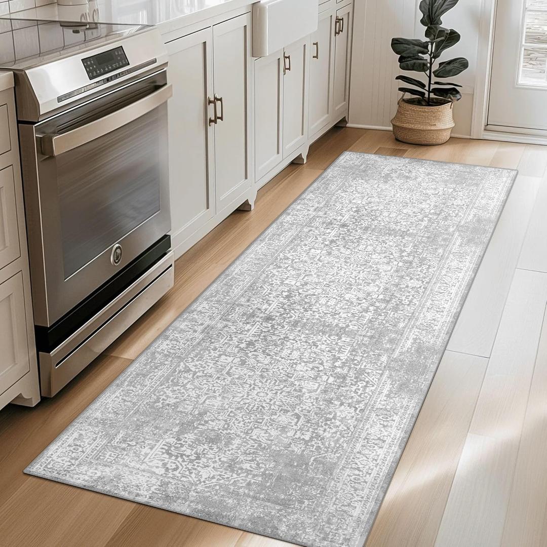 vivorug Runner Rug 2'x7' Vintage Washable Non-Slip Runners for Hallways Kitchen Entryway Laundry Room Carpet Hallway Runner Ivory/Silver