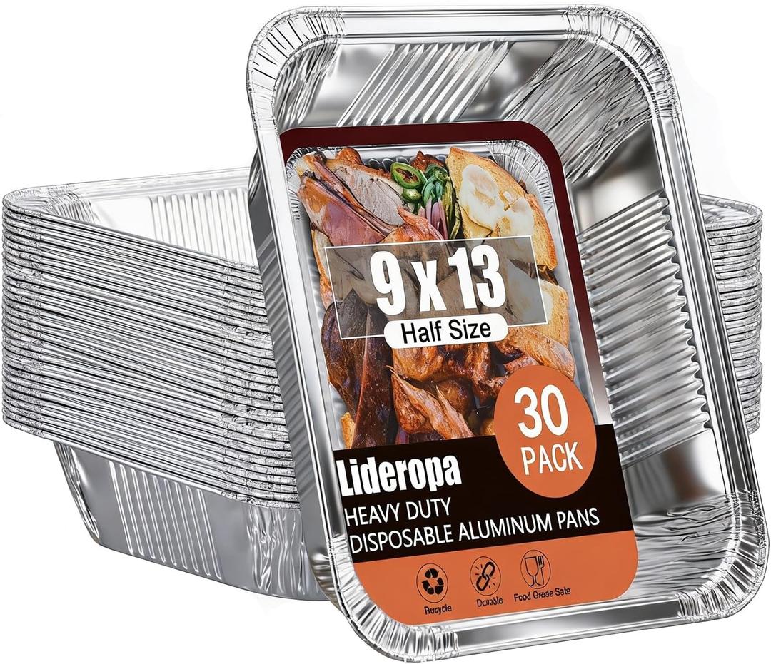9x13 Aluminum Pans (30 Pack) Disposable Half Size Aluminum Foil Pans for Cooking, Baking, Meal Prep, Parties & Food Storage