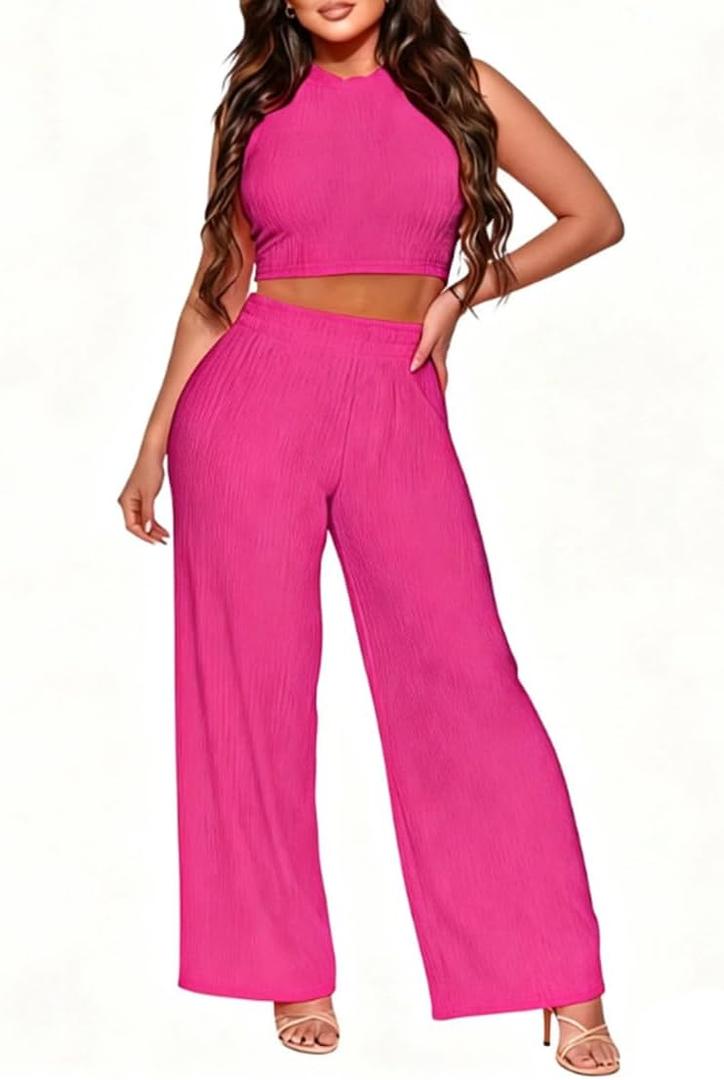 Women's 2 Piece Outfit Casual Lounge Set - Comfy Ribbed Knit Crop Top Pants Sweatsuit Trendy Going Out Tracksuit for Women, XL