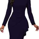 Women's Long Sleeve Bodycon Dress Crew Neck Ruched Wrap Wear to Work Church Midi Pencil Dress Elegant, S