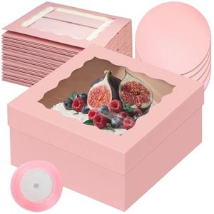 qiqee 12x12x6 Cake Box, 18 Sets Pink Cake Box with Window ＆ 18 Sets 8" Cake Round Boards, 8inch Cake Containers, 10 Meters Silk Ribbon
