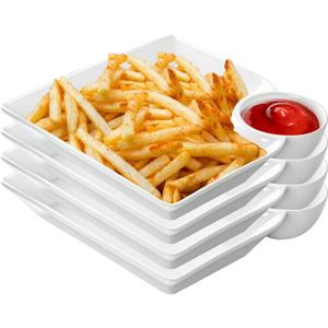 Chip and Dip Serving Platter Set, 8 Inch Ceramic Divided Snack Plates Set, Sushi Plates with Sauce Section, Perfect for Chip & Dip, Dumpling, Appetizer, Taco, Sushi, Fried Chicken, Set of 4