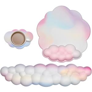 JIKIOU Cloud Mouse Pad Wrist Support, Upgrade Enlarge Leather Mouse Pads Keyboard Wrist Rest, Comfortable Memory Foam Wrist Rest for Computer Laptop Mac Gaming Office and Pain Relief Rainbow