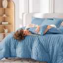 MUXHOMO 7 Pieces Full Comforter Set, Seersucker Bed in a Bag Full Size, All Season Luxury Bedding Set with Comforter, Flat Sheet, Fitted Sheet, Pillowcases & Shams, Mineral Blue