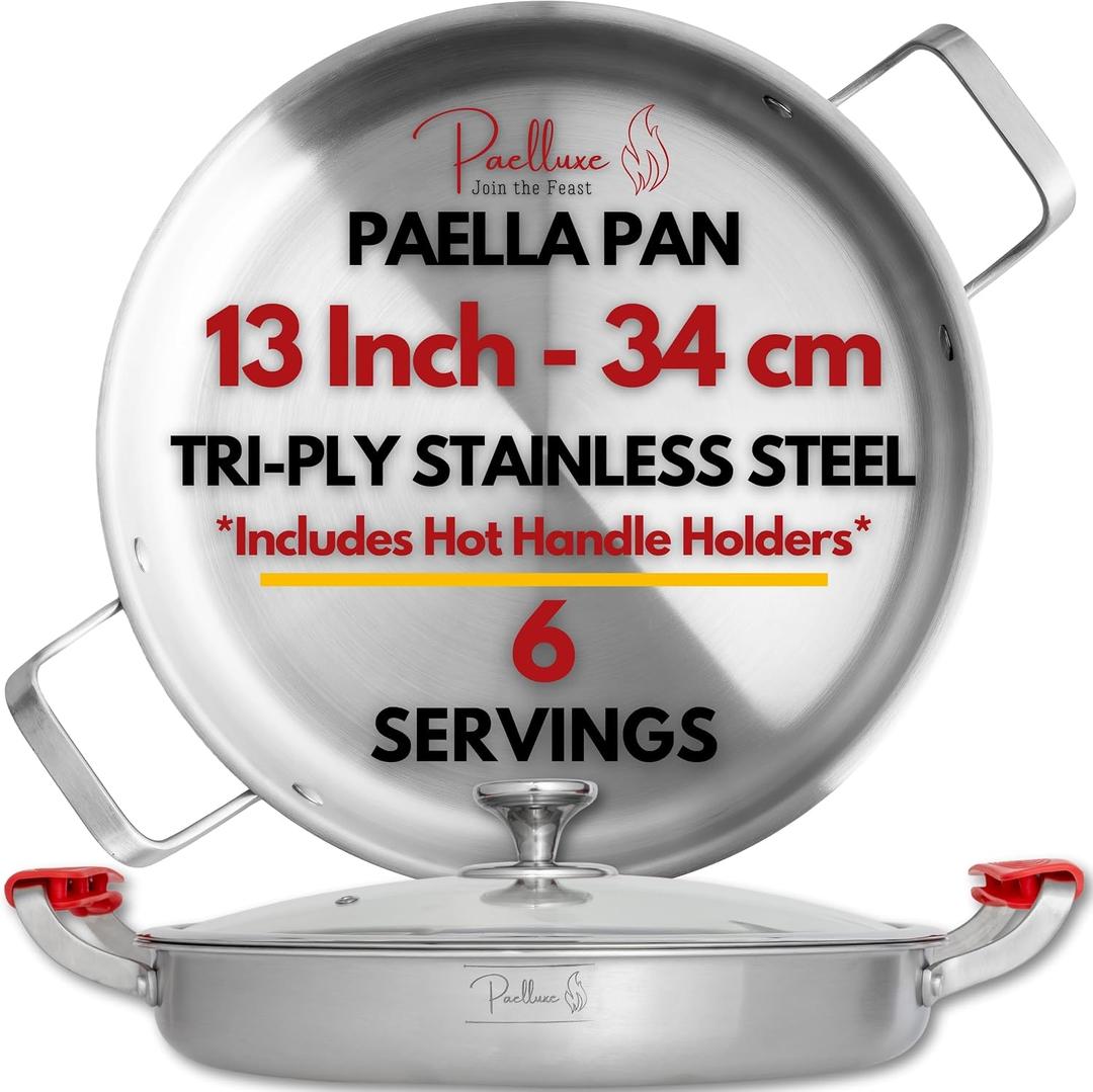 Paelluxe 13 Inch Tri-Ply Stainless Steel Paella Pan with Lid for 6 Servings - Includes Hot Handle Holders - Induction, Oven and Dishwasher Safe Skillet, Indoor Outdoor Cooking Cacerola Paellera Sarten