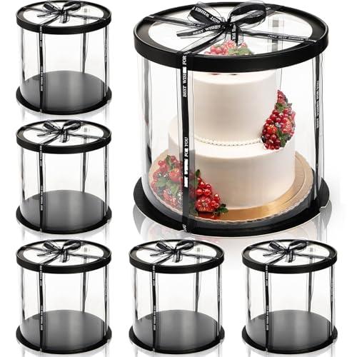Cididu 6 Pack Clear Round Cake Box with Ribbon, Tall Cake Box Carrier, Tiered Transparent Cake Packaging Boxes 10x10x10 Inch, PET Cake Containers with Boards for Birthday Wedding Party