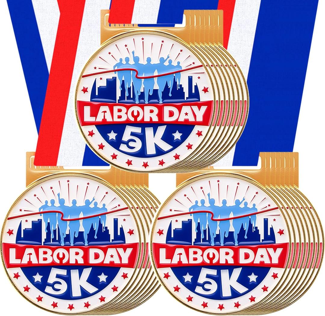 24 Pcs 5K Running Medals Bulk 2'' Race Medallion Trophy Award with Blue Whit Red Ribbons Labour Day Supplies for Race Walk Tournaments Match Sports Competition