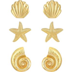 3 Pairs Beach Earrings for Women 14K Gold Statement Earrings Summer Ocean Jewelry Starfish Conch Seashell Stud Earring Set