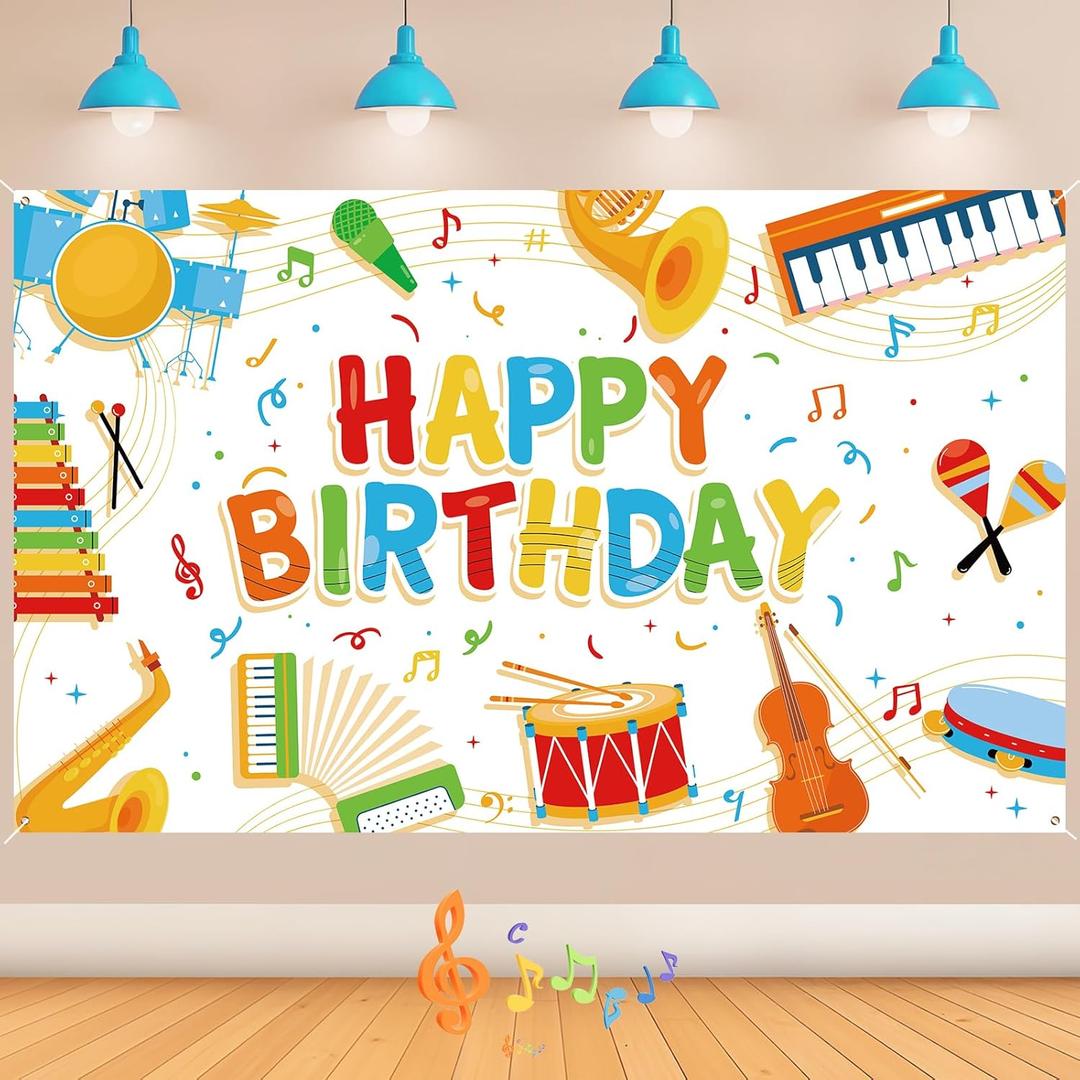 Music Note Banner Decorations for Kids - Happy Birthday Musical Instrument Themed Rock and Roll Party Backdrop for Boys and Girls Karaoke Party Supplies