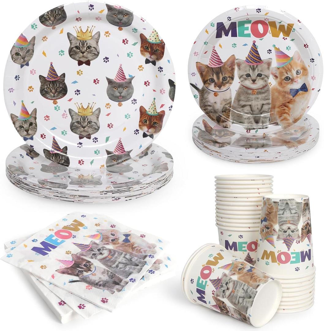 Cat Birthday Paper Plates Pet Party Plates and Napkins Cups Cat Pattern Disposable Tableware Set for 96pcs 24 Guest Baby Shower Tea Kids Birthday Party Supplies Decoration