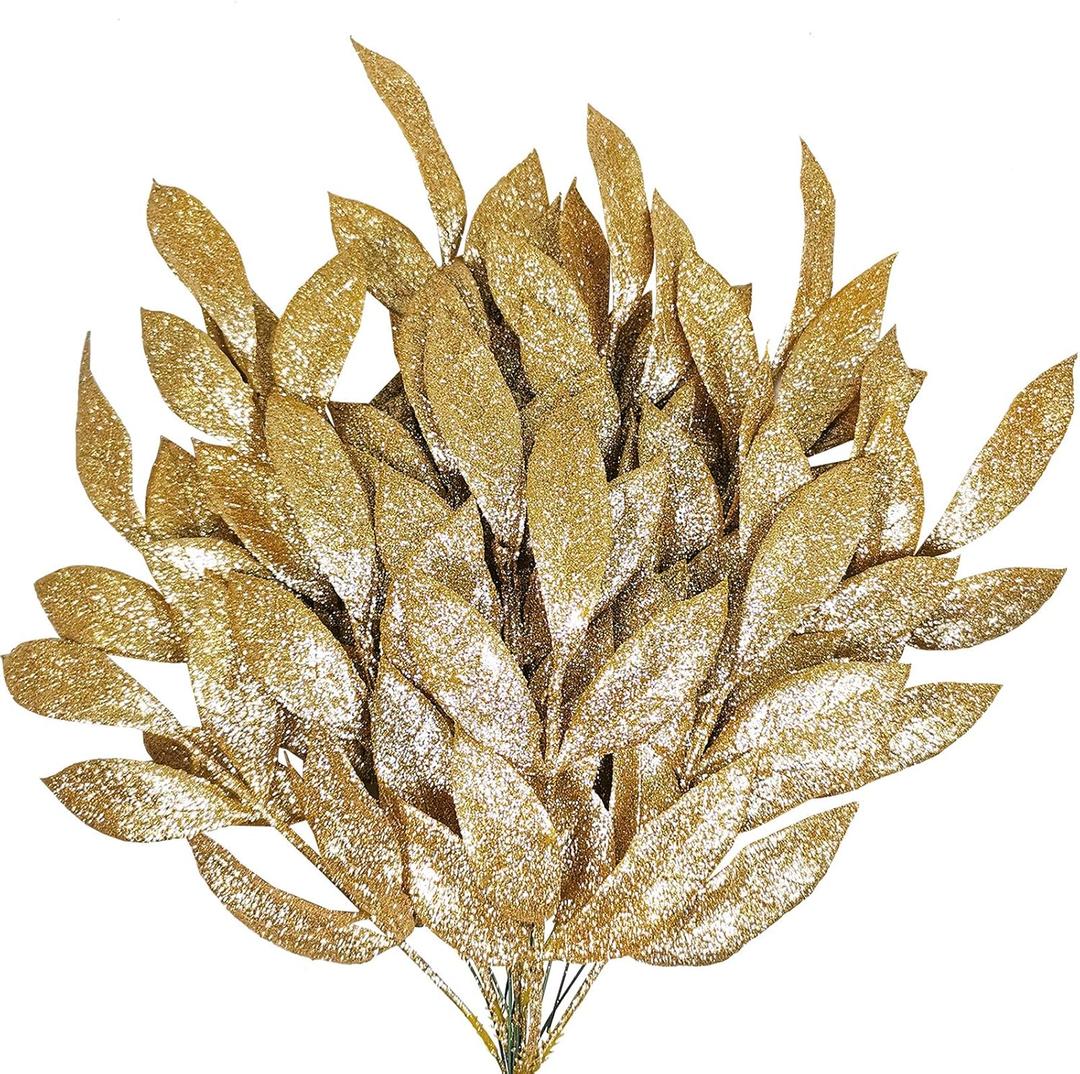 20 Pieces Gold Glittered Artificial Leaf Spray Picks 12" Tall for Christmas Winter Wedding Wreath Tree Swag Floral Arrangment Vase Bouquets Table Centerpieces Decoration