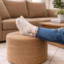 Jute Pouf Ottoman | Footrest Pouf | Hand Braided - Round Boho Pouffe - for Living Room, Bedroom, Nursery (20"x20"x10") Natural