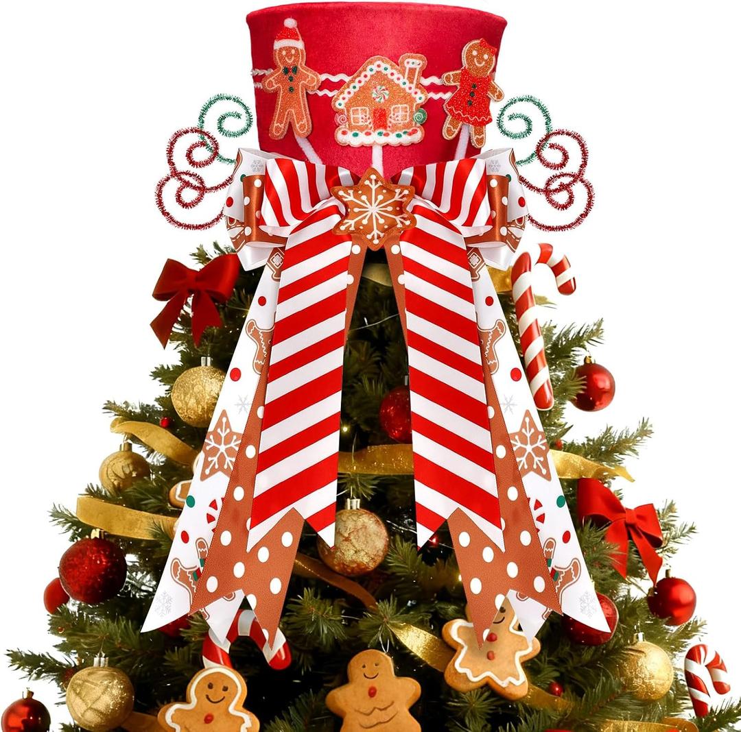 CiyvoLyeen Gingerbread Christmas Tree Topper, Red Top Hat with Candy Cane Gingerbread House Cookies Ornament Bows, Winter Holidays Xmas Tree Home Decoration, 3D Wreath Attachment Festive Gift Ideas