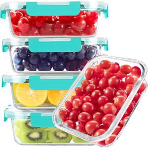 BAYZZ Glass Food Storage Containers, 5 Pack 35 Oz Glass Meal Prep Containers, Lunch Boxes with Airtight BPA-Free Lids, Microwave, Freezer and Dishwasher Safe,Green