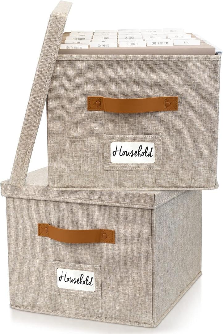 ZICOTO Decorative File Organizer Box Set of 2 - Collapsible Linen Filing Cabinets w/Handles Are Perfect to Store all Your Documents & Hanging File Folders - Portable Easy Slide Crates with Lid (Beige)