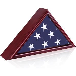Creations 5' x 9.5' American Veteran Burial Flag Display Case Solid Wood Rustic Brown Frame Glass Front Wall Mount or Standing, Memorial Shadow Box Military Uniform Display