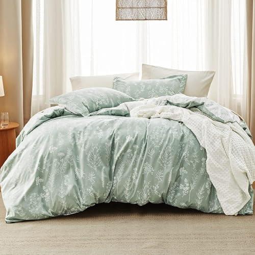 Bedsure Queen Comforter Set - Sage Green Bed Set, 3 Pieces Cute Floral Bedding, 1 Soft Reversible Botanical Flowers Comforter and 2 Pillow Shams