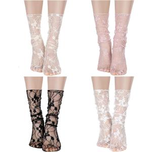 Bencailor 4 Pairs Women Sheer Slouch Socks Lace Mesh Novelty Decorated Nylon Loose Ankle High (One Size, Black, White, Apricot, Pink)