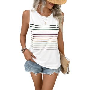 EyMuse Tank Tops for Women Summer Striped Sleeveless Tee Loose Casual Crewneck Shirts 2026 Fashion Beach Vacation Clothes (Medium, White)