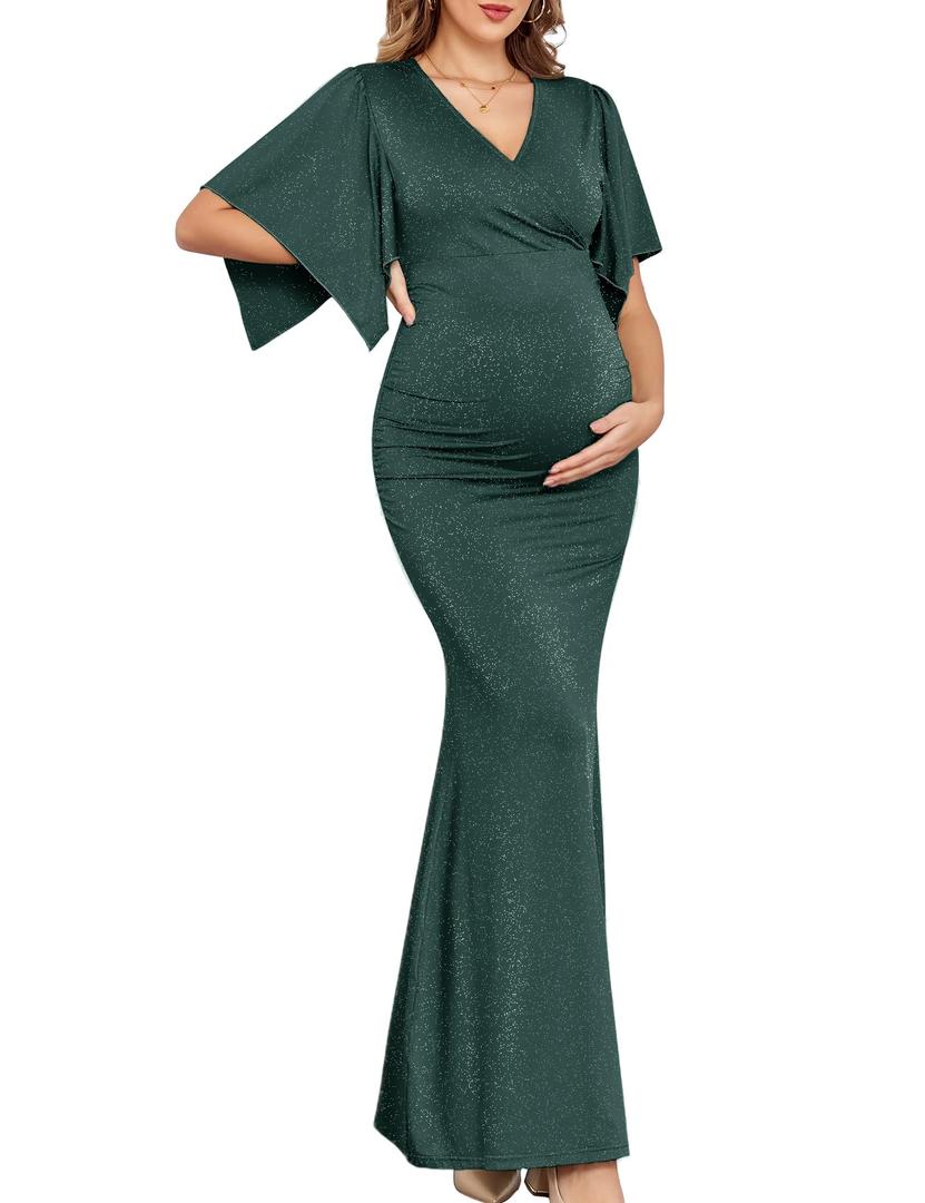 CYCLAMEN Maxi Maternity Dress Sparkly Baby Shower Semi Formal Wedding Guest V-Neck Handkerchief Sleeves Elegant Pregnancy, Sparkly Dark Peacock Blue, L