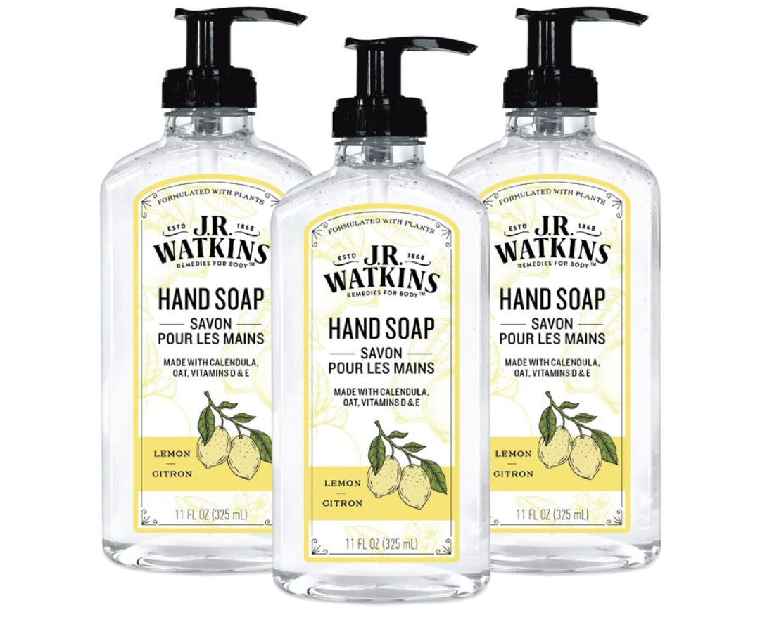 J.R. Watkins Liquid Hand Soap With Dispenser, Moisturizing Hand Soap, Alcohol-Free, Cruelty-Free, Use For Bathroom or Kitchen, Lemon, 11 Fl Oz, 3 Pack