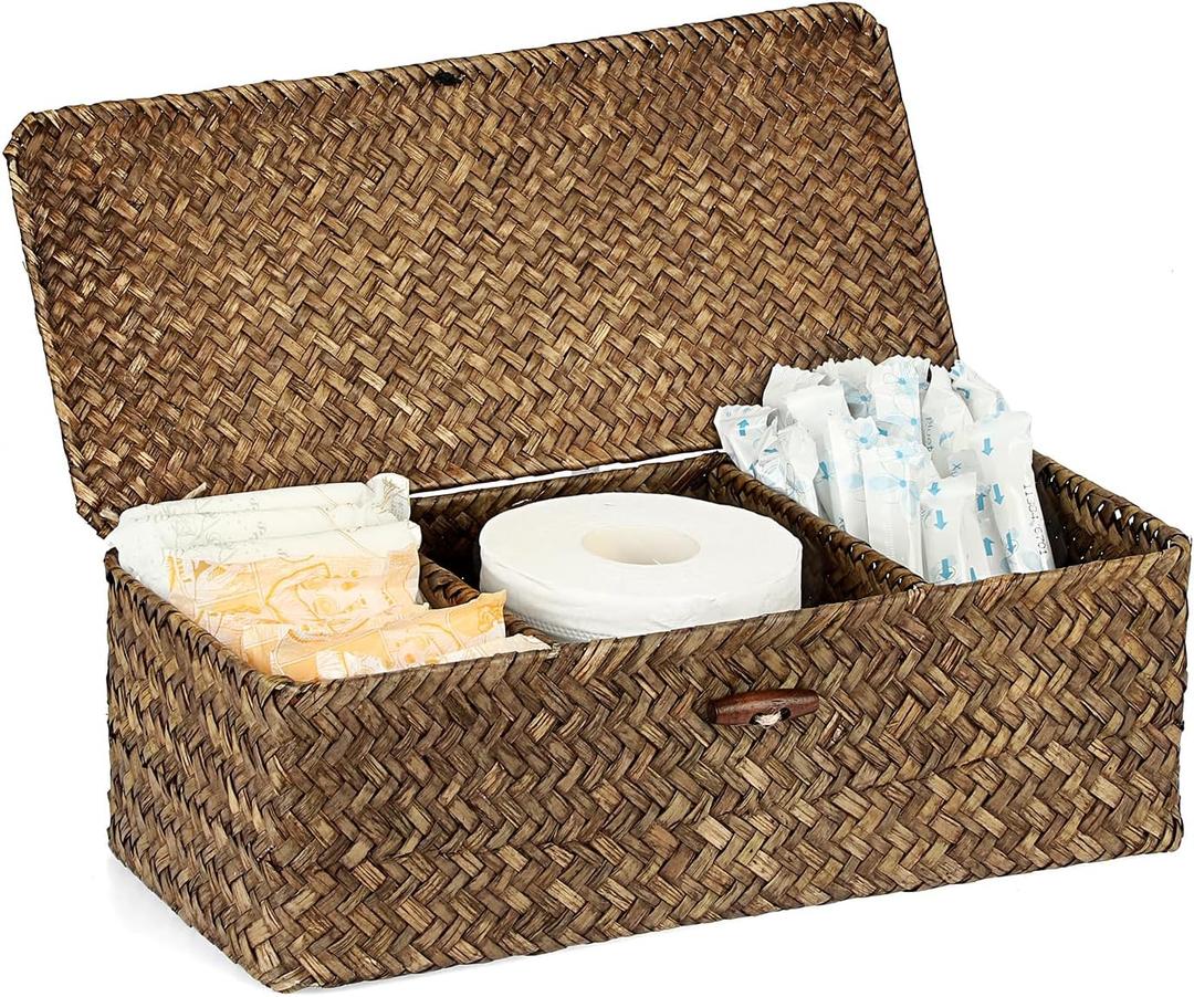 Sumnacon Seagrass Storage Basket with Lid Wicker Storage Baskets with Sections,Small Woven Shelf Basket for Toiletries Tampon, Seagrass Basket for Shelf Bathroom Toilet Table Counter,Coffee (Medium)