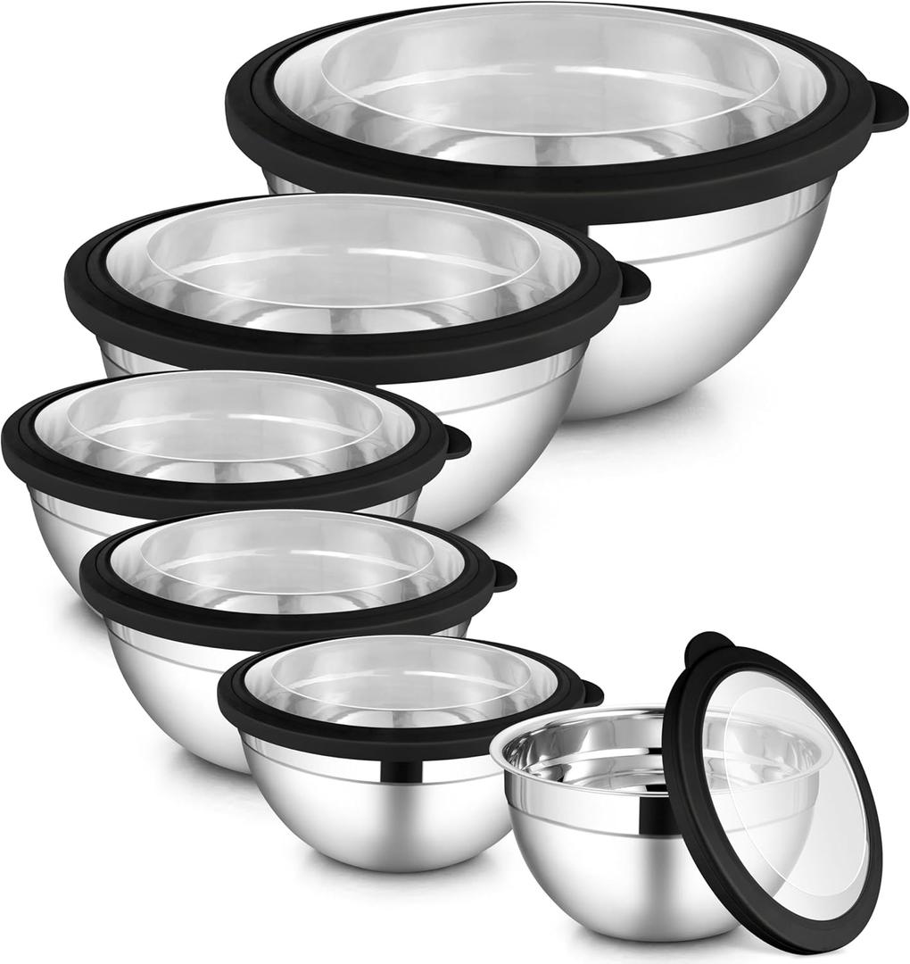 LIANYU Stainless Steel Mixing Bowls Sets of 6, Large 7, 3.5, 2.5, 2, 1.5, 1QT Size with Transparent Airtight Lids, Metal Nesting Serving Bowl Sets for Home Kitchen, Dishwasher & Freezer Safe, Black