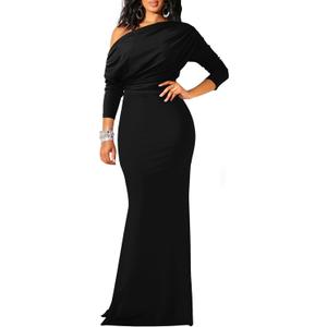 YMDUCH Women's Sexy Elegant Long Sleeve Off Shoulder Bodycon Long Evening Formal Dress (Black) S