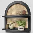 Wood Boho Rattan Wall Shelf - 2-Tier Arched Wicker Floating Shelf Black Wood New Boho Shelf, Rustic Farmhouse Nursery Decor Shelves Wall Mounted, Neutral Handcrafted (16''l Natural Rattan Shelf)