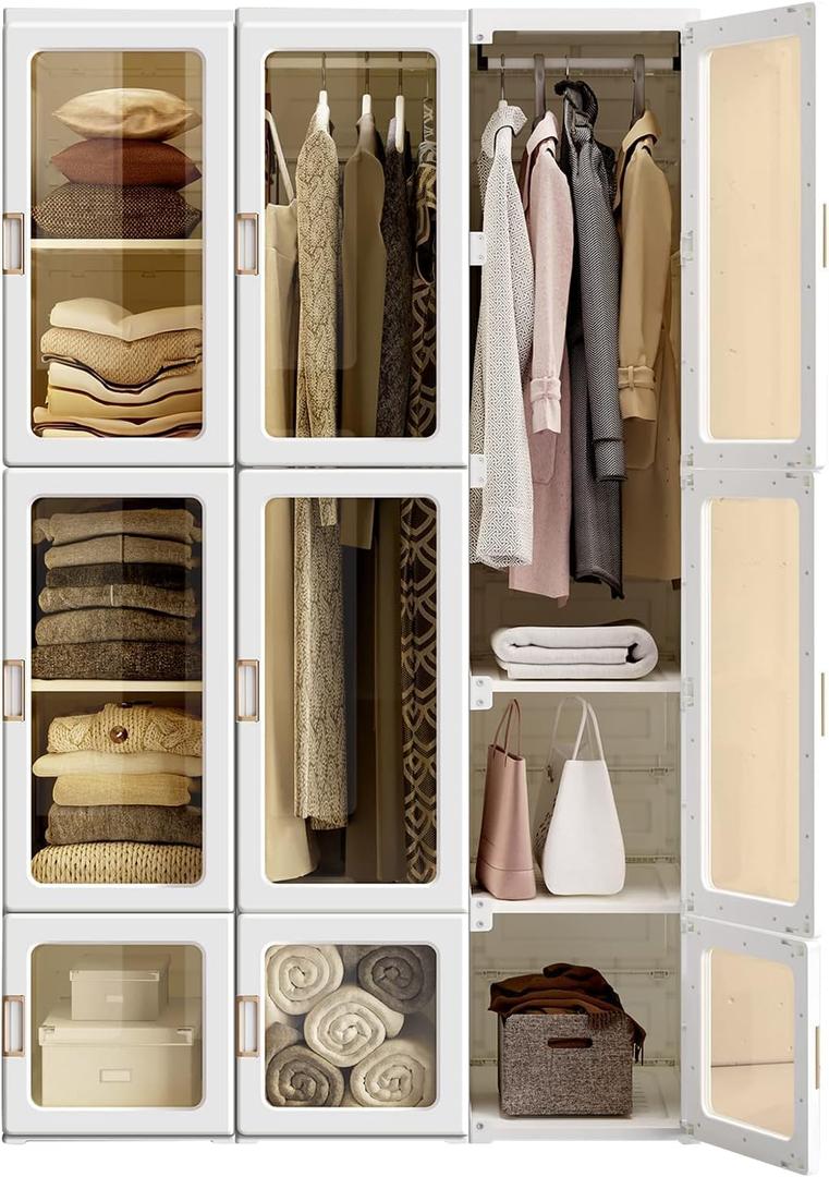 ANTBOX Portable Wardrobe Closet Storage Organizer for Clothes,Transparent Door Panels,Suitable for Living Room, Bedroom,Plastic Wardrobe with Magnetic Door and Easy Assembly 12 Cubes