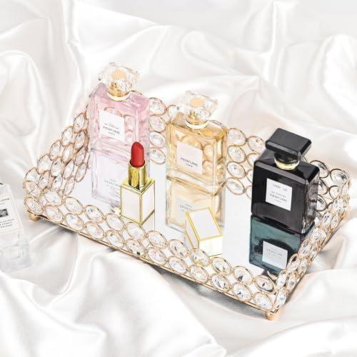 Elegant Gold Crystal Mirror Perfume Tray for Vanity, Coffee Table, and Home Decor - Small Glass Tray for Jewelry, Perfume, and Decorative Items - Bandeja para Perfumes, Perfume Trays for Dresser