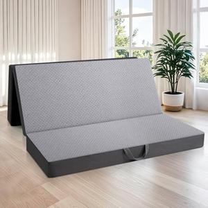 Portable Tri-Fold Memory Foam Mattress – 6-Inch Queen Size Foldable Mattress with Washable Cover, Handle & Non-Slip Base for Travel, Camping, RV, Guest Rooms & Yoga