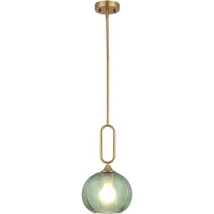 Green Glass Pendant Light Modern Globe Pendant Lighting Nordic Ribbed Gold Ceiling Hanging Chandelier with Brushed Brass Adjustable Rods Dining Room Kitchen Island Light Fixture