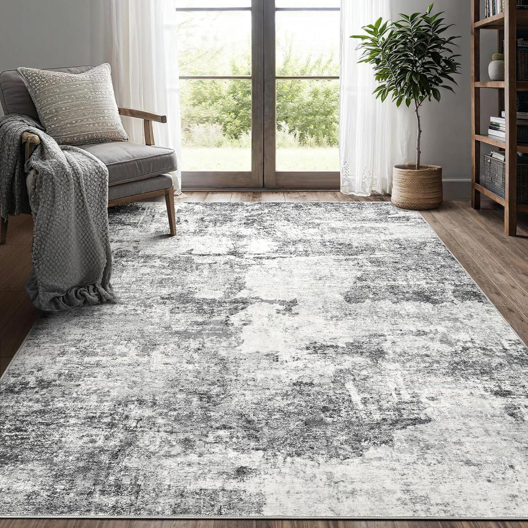 Living Room Area Rugs - 5x7 Abstract Large Soft Indoor Washable Rug Neutral Modern Low Pile Carpet for Bedroom Dining Room Farmhouse Home Office - Grey